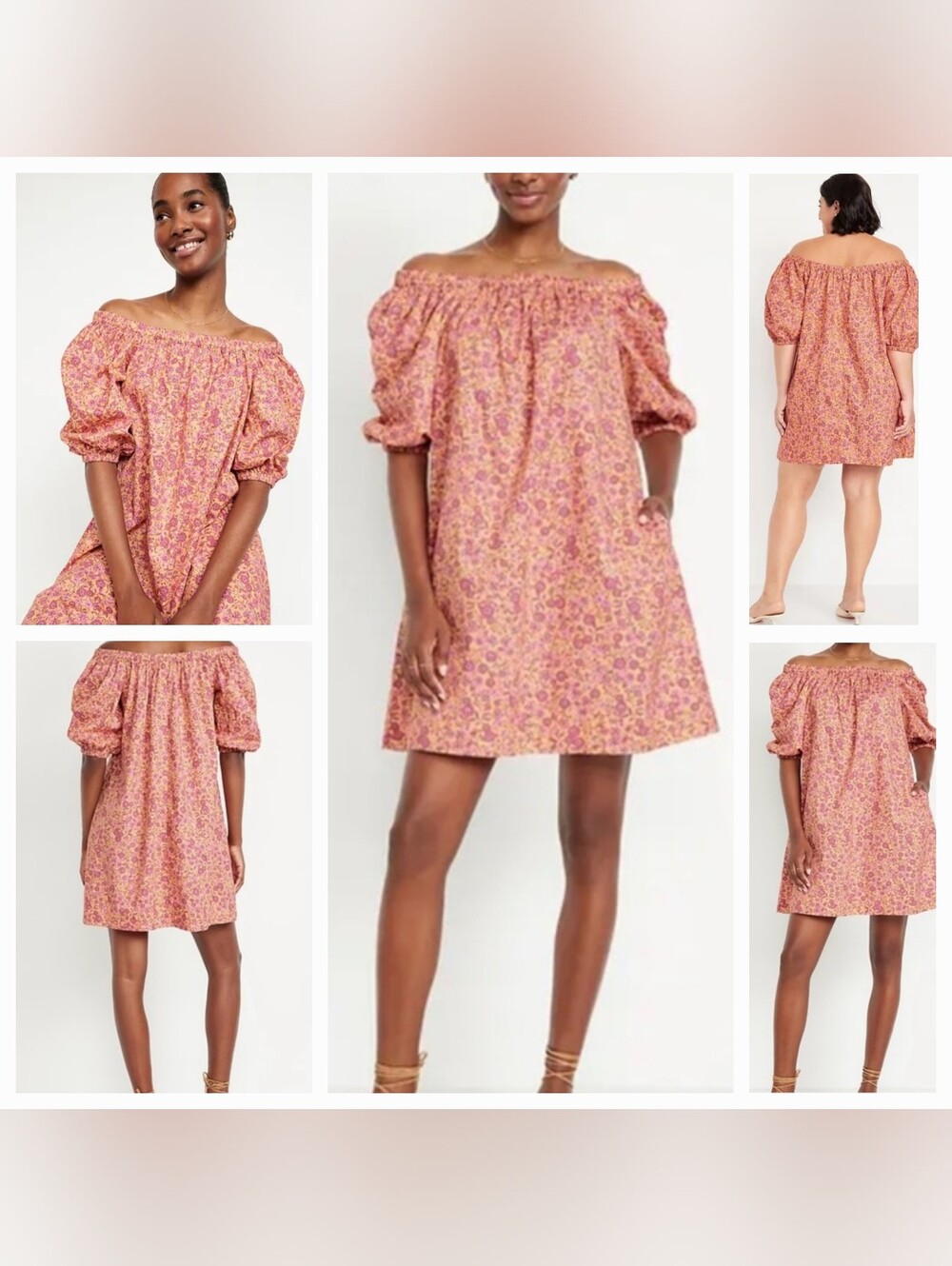 Old Navy Floral Mini Swing Dress Puff Sleeve Off Shoulder XXL ~ NWT Peach Pink